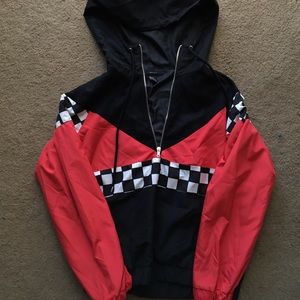 red checkered windbreaker